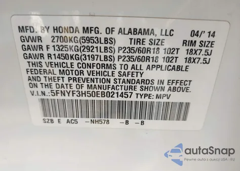2014 Honda Pilot Ex-L z USA, uszkodzony, nr VIN 5FNYF3H50EB021457
